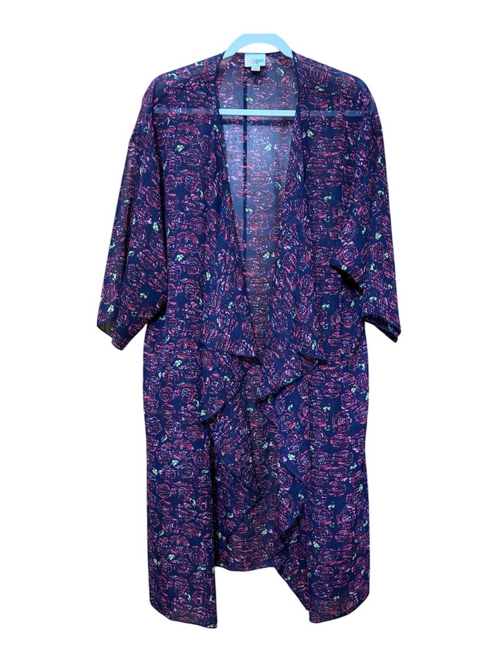 Sheer Kimono size L | Navy Burgundy Flowy Duster Cardigan Light Weight Cover Up